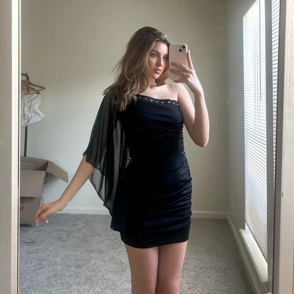 Black one shoulder asymmetrical ruffle beaded mini dress